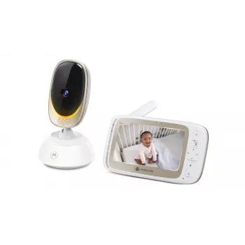 Vaizdo kamera Motorola VM85 CONNECT — 5 colių TFT ekranas, 480×272, 300 m veikimo nuotolis, 2× skaitmeninis priartinimas, 2,4 GHz Wi‑Fi/FHSS, dvipusis garsas, balta