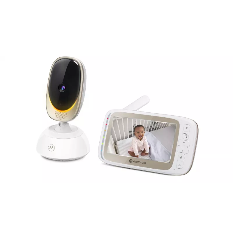 Vaizdo kamera Motorola VM85 CONNECT — 5 colių TFT ekranas, 480×272, 300 m veikimo nuotolis, 2× skaitmeninis priartinimas, 2,4 GHz Wi‑Fi/FHSS, dvipusis garsas, balta