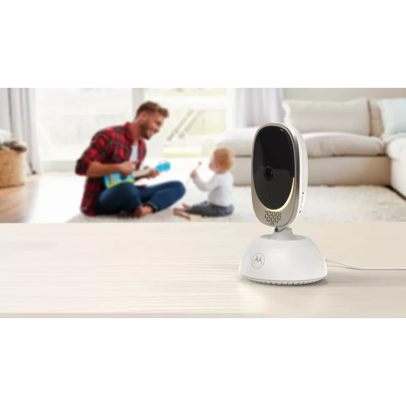 Vaizdo kamera Motorola VM85 CONNECT — 5 colių TFT ekranas, 480×272, 300 m veikimo nuotolis, 2× skaitmeninis priartinimas, 2,4 GHz Wi‑Fi/FHSS, dvipusis garsas, balta