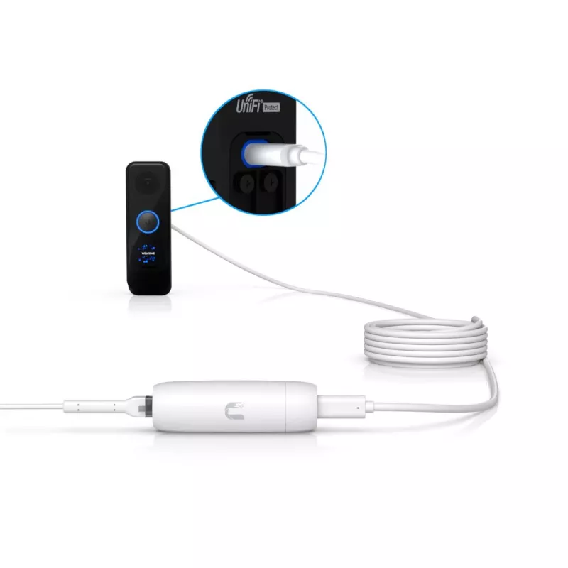 PoE adapteris UBIQUITI UACC-ADAPTER-POE-USBC — 48 V įvestis, 5 V 0,25 A išvestis, kompaktiškas 30,4×30,4×95 mm, baltas