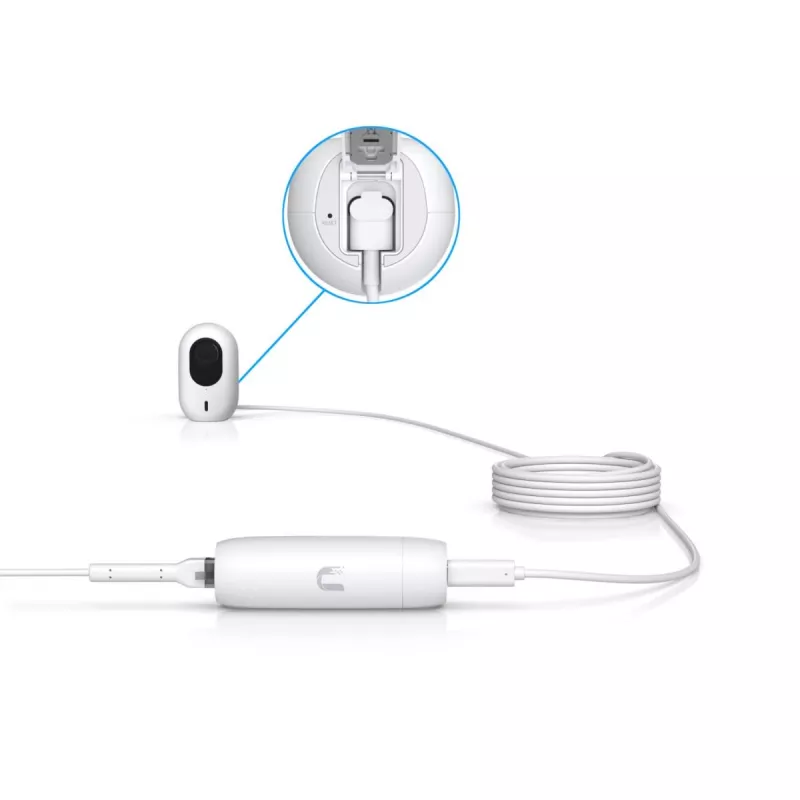PoE adapteris UBIQUITI UACC-ADAPTER-POE-USBC — 48 V įvestis, 5 V 0,25 A išvestis, kompaktiškas 30,4×30,4×95 mm, baltas