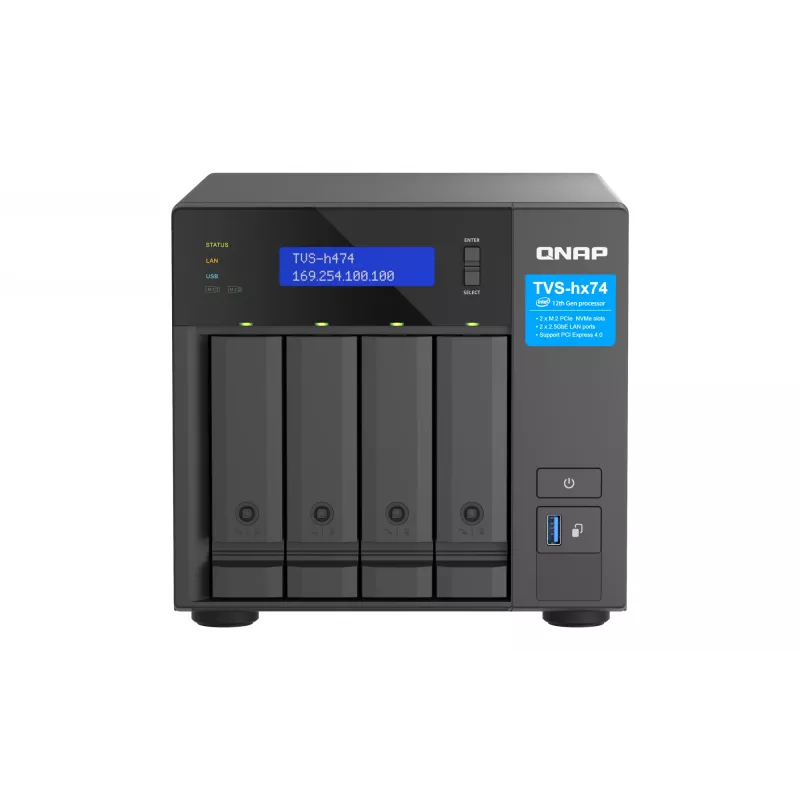 QNAP TVS-H474 NAS bokštinis Intel® Pentium® G7400 8 GB DDR4 0 TB QuTS hero juodos spalvos