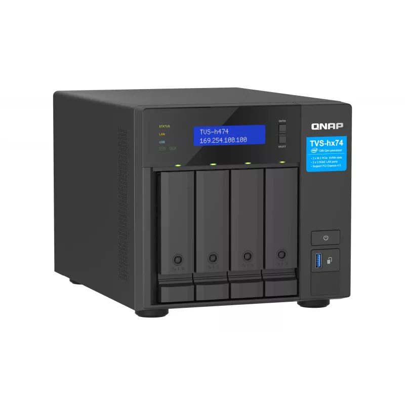 QNAP TVS-H474 NAS bokštinis Intel® Pentium® G7400 8 GB DDR4 0 TB QuTS hero juodos spalvos