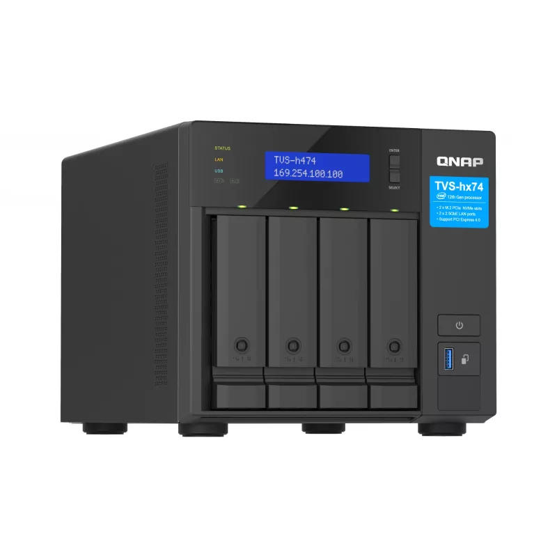QNAP TVS-H474 NAS bokštinis Intel® Pentium® G7400 8 GB DDR4 0 TB QuTS hero juodos spalvos