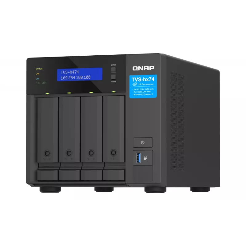 QNAP TVS-H474 NAS bokštinis Intel® Pentium® G7400 8 GB DDR4 0 TB QuTS hero juodos spalvos
