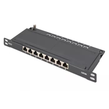 DIGITUS Patch Panel CAT6A ekranuotas, 8 prievadų 1/2U, 10 colių montavimas į stovą, juodas RAL 9005