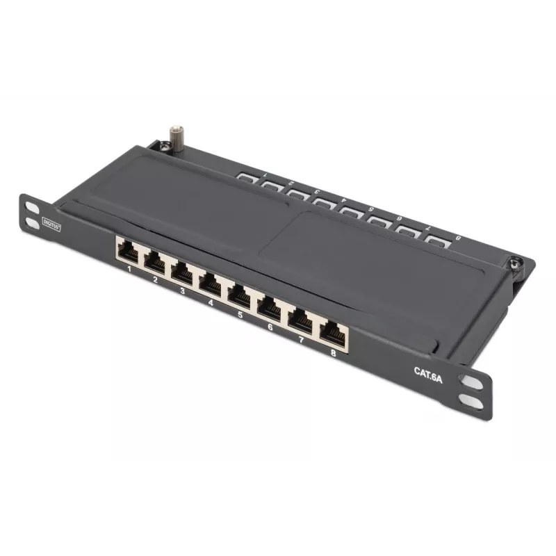 DIGITUS Patch Panel CAT6A ekranuotas, 8 prievadų 1/2U, 10 colių montavimas į stovą, juodas RAL 9005