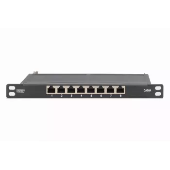 DIGITUS Patch Panel CAT6A ekranuotas, 8 prievadų 1/2U, 10 colių montavimas į stovą, juodas RAL 9005