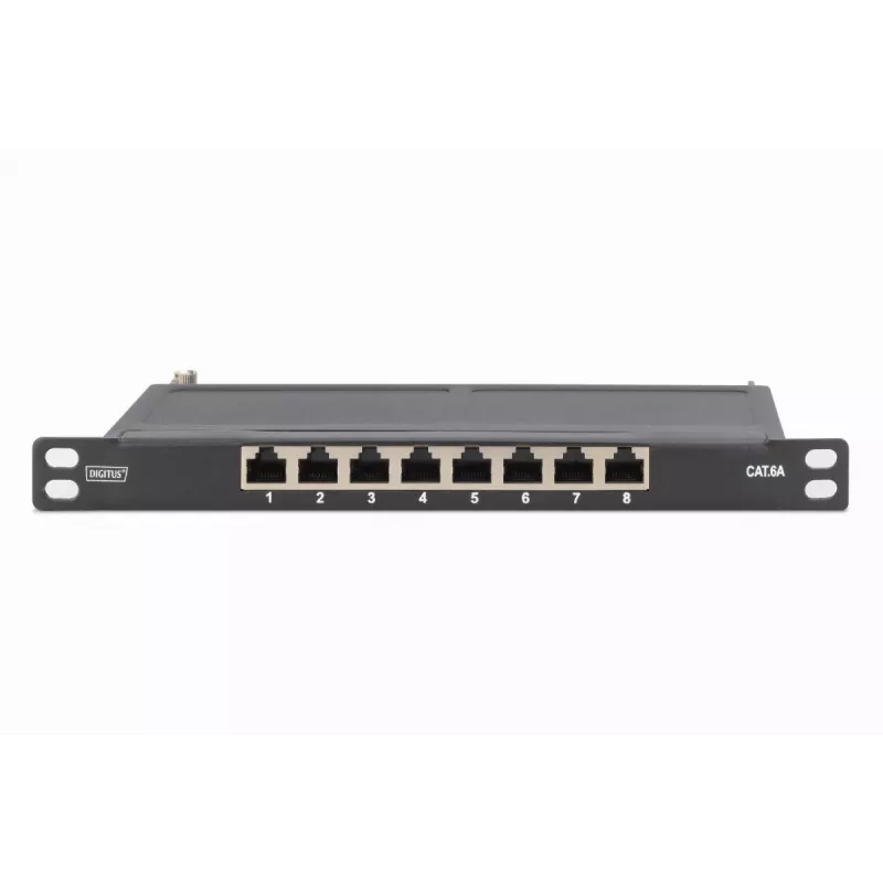 DIGITUS Patch Panel CAT6A ekranuotas, 8 prievadų 1/2U, 10 colių montavimas į stovą, juodas RAL 9005