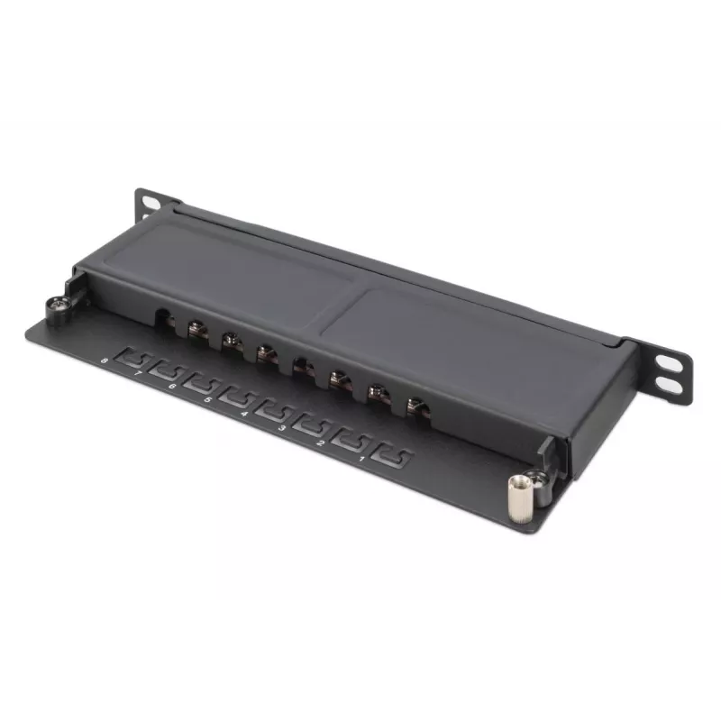 DIGITUS Patch Panel CAT6A ekranuotas, 8 prievadų 1/2U, 10 colių montavimas į stovą, juodas RAL 9005