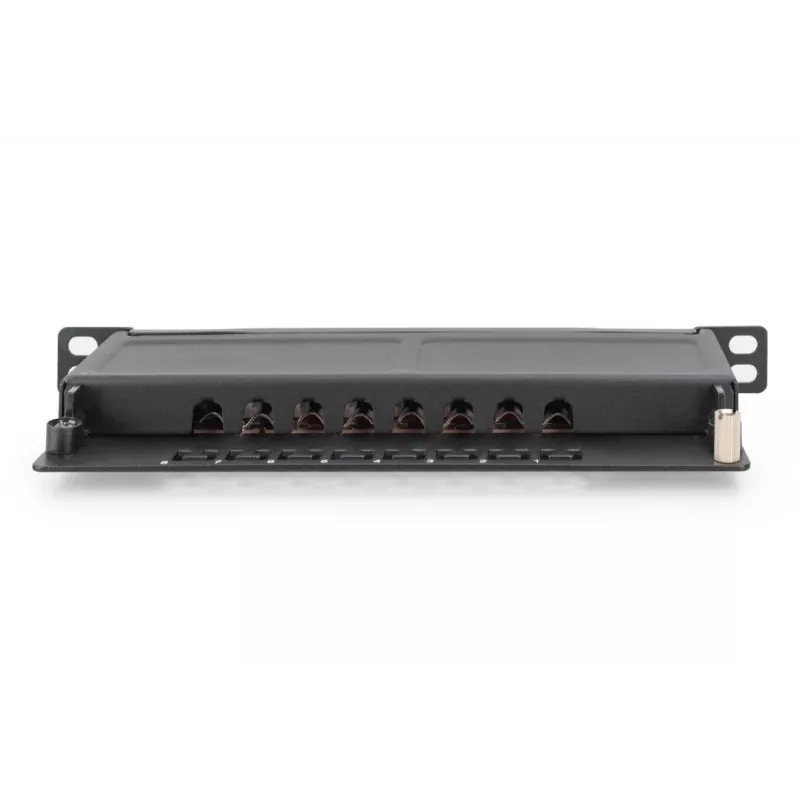 DIGITUS Patch Panel CAT6A ekranuotas, 8 prievadų 1/2U, 10 colių montavimas į stovą, juodas RAL 9005