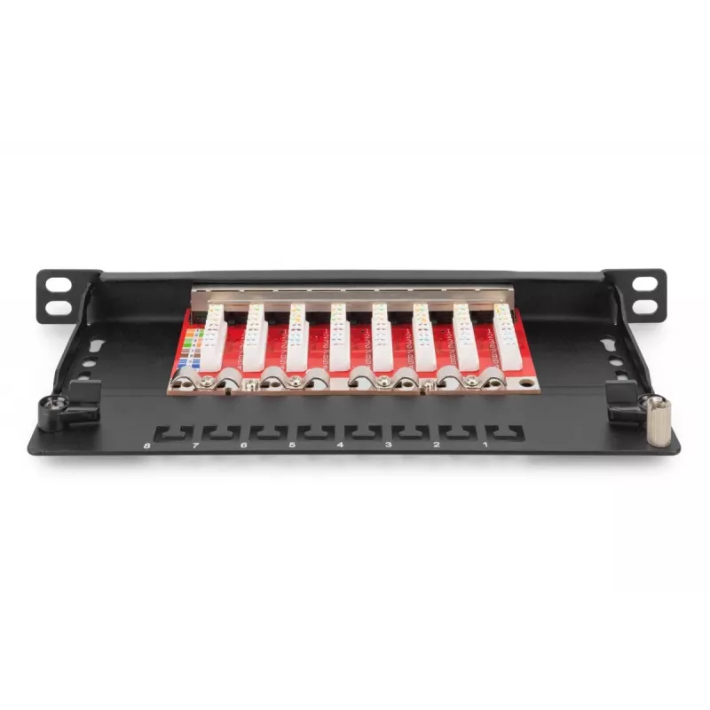 DIGITUS Patch Panel CAT6A ekranuotas, 8 prievadų 1/2U, 10 colių montavimas į stovą, juodas RAL 9005
