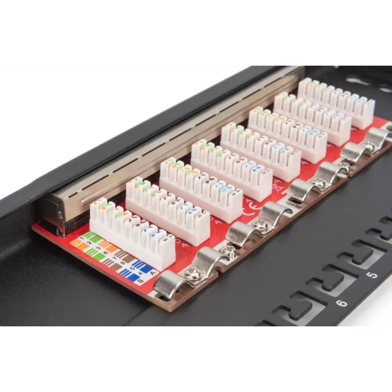 DIGITUS Patch Panel CAT6A ekranuotas, 8 prievadų 1/2U, 10 colių montavimas į stovą, juodas RAL 9005