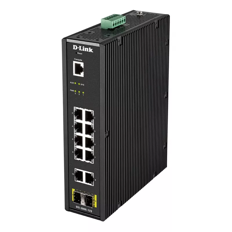 D-Link 12 prievadų L2 pramoninis išmanusis valdomas jungiklis su 10 x 1GBaseT(X) ir 2 x SFP