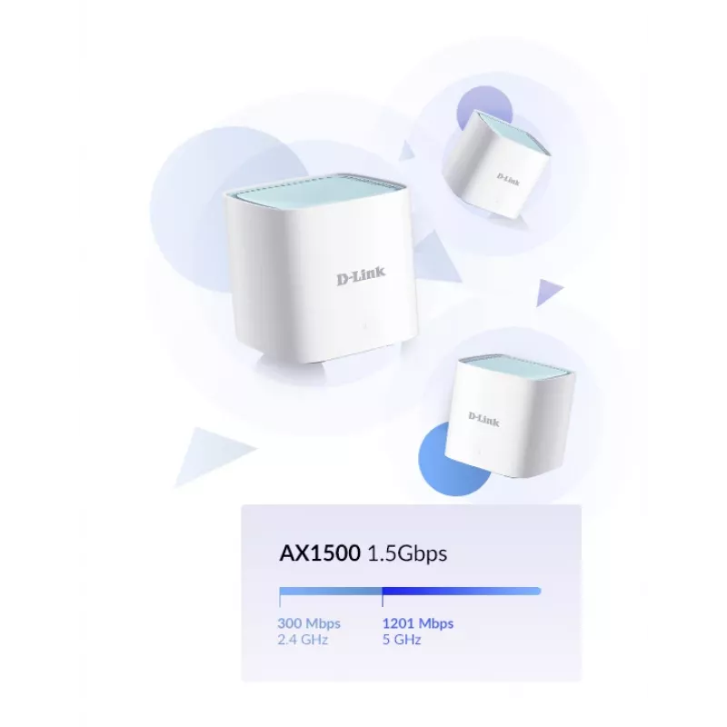 D-Link EAGLE PRO AI AX1500 tinklo sistema - 3 vnt., balta, vidinė, tinklo sistema, maitinimas, būsena, 500 m², dviejų juostų (2,4 GHz / 5 GHz)
