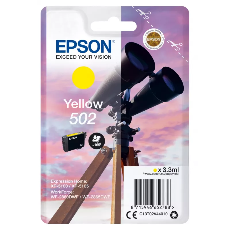 Epson Singlepack Yellow 502 Ink, standartinė išeiga, geltona, pigmentinis rašalas, 3,3 ml, 1 vnt., 165 puslapių