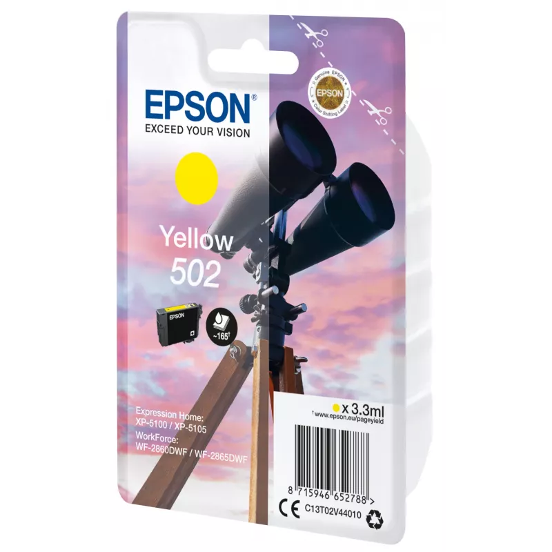Epson Singlepack Yellow 502 Ink, standartinė išeiga, geltona, pigmentinis rašalas, 3,3 ml, 1 vnt., 165 puslapių