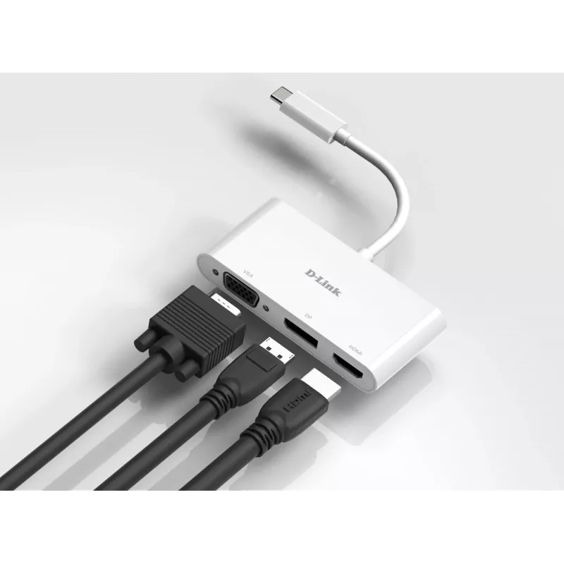 D-Link 3-in-1 USB-C to HDMI/VGA/DisplayPort Adapter, Wired, USB 3.2 Gen 1 (3.1 Gen 1) Type-C, White, CE, FCC, IC, RCM, DC, 0.04 A