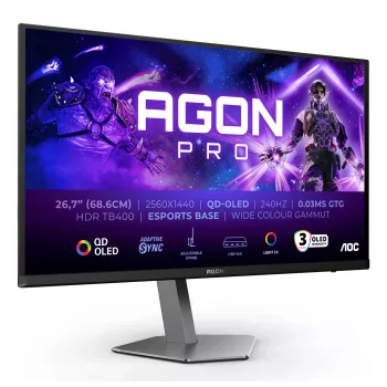 AOC AGON PRO AG276QZD2 kompiuterio monitorius 67,3 cm (26,5 col.) 2560 x 1440 pikselių Quad HD QD-OLED juoda, pilka