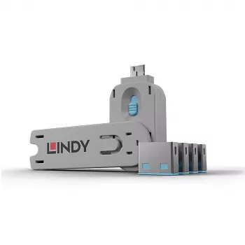 Lindy USB prievado blokatorius - pakuotėje 4 vnt., spalvos kodas: mėlyna, prievado blokatorius + raktas, USB Type-A, mėlyna, akrilnitrilo butadieno stireno (ABS), 5 vnt., polietileninis maišelis