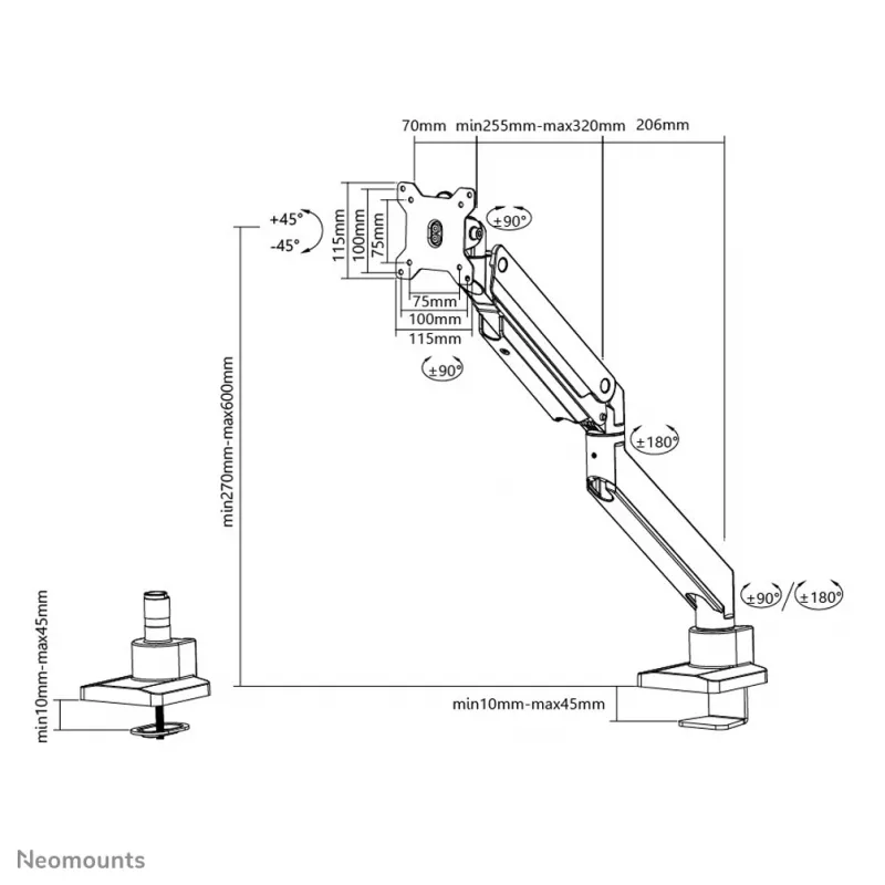 Neomounts NM-D775BLACKPLUS Monitor arm 10-49 inch - gas spring - Topfix - 180°-stop