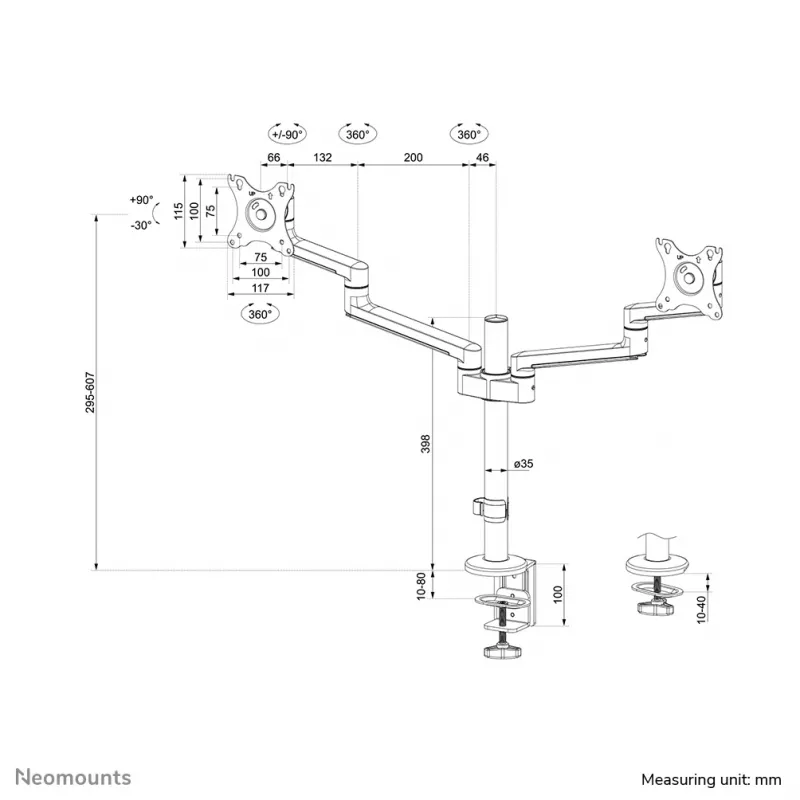 Neomounts DS60-425BL2 Monitor rankena 17-27 colių - taupanti vietą