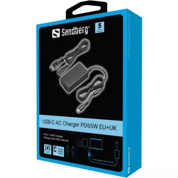 Sandberg USB-C kroviklis PD65W EU+UK, universalus, vidaus, 230 V, 65 W, kintamoji į nuolatinę srovę, juodas