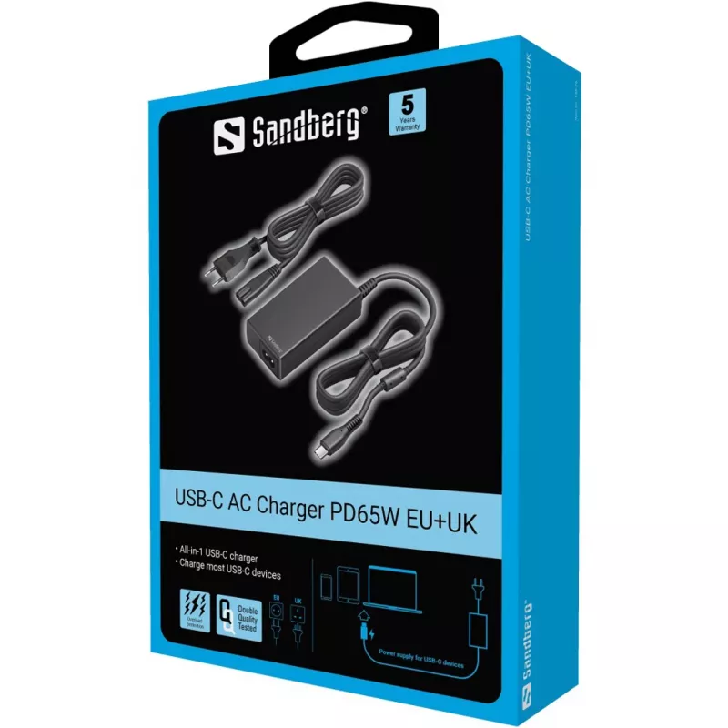 Sandberg USB-C kroviklis PD65W EU+UK, universalus, vidaus, 230 V, 65 W, kintamoji į nuolatinę srovę, juodas