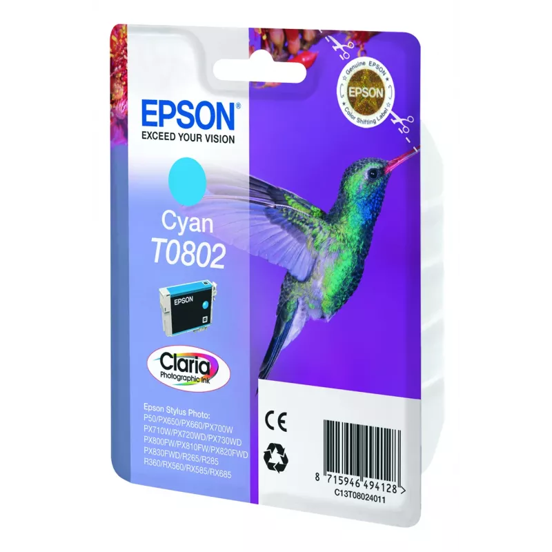 Epson Hummingbird Singlepack Žydra T0802 Claria Photographic Ink