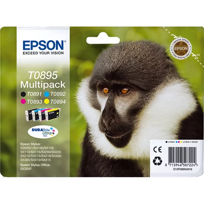 Epson Monkey Multipack 4 spalvų T0895 DURABrite Ultra rašalas, juodas, žydras, purpurinis, geltonas, 5,8 ml, 3,5 ml, 1 vnt., kelių pakuočių rinkinys