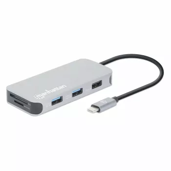 Manhattan USB-C dokstotis / šakotuvas su kortelių skaitytuvu, prievadai (x6): Ethernet, HDMI, USB-A (x3) ir USB-C, su maitinimo tiekimu (100 W) į USB-C prievadą (pastaba: reikalingas papildomas USB-C sieninis įkroviklis ir USB-C laidas), universalus visiems įrenginiams, laidas 15 cm, aliuminis, sidabrinis