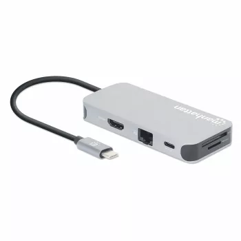Manhattan USB-C dokstotis / šakotuvas su kortelių skaitytuvu, prievadai (x6): Ethernet, HDMI, USB-A (x3) ir USB-C, su maitinimo tiekimu (100 W) į USB-C prievadą (pastaba: reikalingas papildomas USB-C sieninis įkroviklis ir USB-C laidas), universalus visiems įrenginiams, laidas 15 cm, aliuminis, sidabrinis