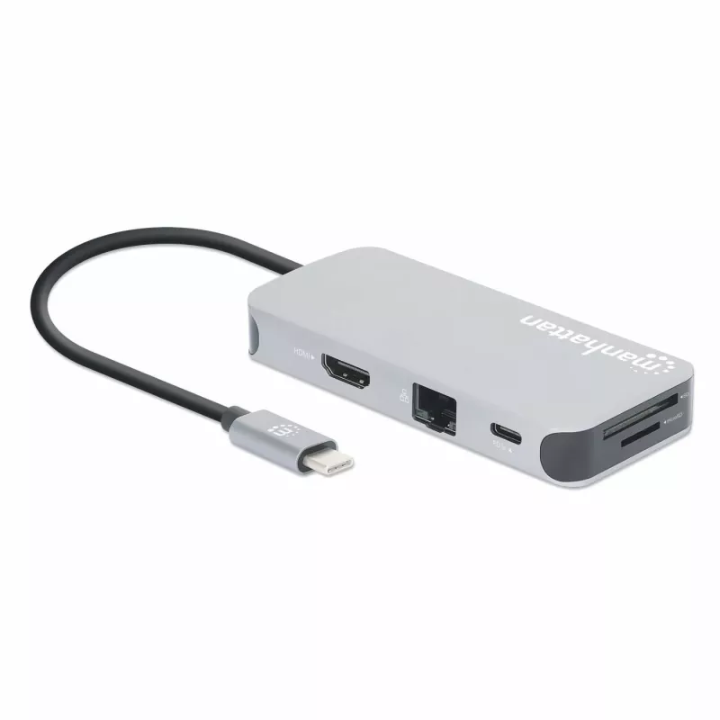 Manhattan USB-C dokstotis / šakotuvas su kortelių skaitytuvu, prievadai (x6): Ethernet, HDMI, USB-A (x3) ir USB-C, su maitinimo tiekimu (100 W) į USB-C prievadą (pastaba: reikalingas papildomas USB-C sieninis įkroviklis ir USB-C laidas), universalus visiems įrenginiams, laidas 15 cm, aliuminis, sidabrinis