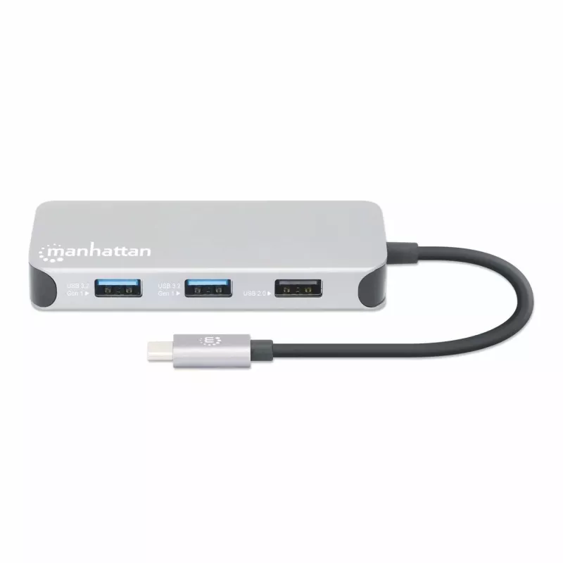Manhattan USB-C dokstotis / šakotuvas su kortelių skaitytuvu, prievadai (x6): Ethernet, HDMI, USB-A (x3) ir USB-C, su maitinimo tiekimu (100 W) į USB-C prievadą (pastaba: reikalingas papildomas USB-C sieninis įkroviklis ir USB-C laidas), universalus visiems įrenginiams, laidas 15 cm, aliuminis, sidabrinis