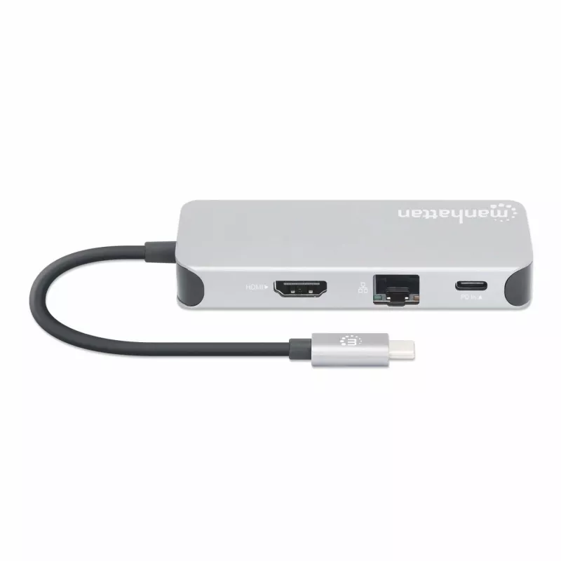 Manhattan USB-C dokstotis / šakotuvas su kortelių skaitytuvu, prievadai (x6): Ethernet, HDMI, USB-A (x3) ir USB-C, su maitinimo tiekimu (100 W) į USB-C prievadą (pastaba: reikalingas papildomas USB-C sieninis įkroviklis ir USB-C laidas), universalus visiems įrenginiams, laidas 15 cm, aliuminis, sidabrinis