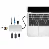 Manhattan USB-C dokstotis / šakotuvas su kortelių skaitytuvu, prievadai (x6): Ethernet, HDMI, USB-A (x3) ir USB-C, su maitinimo tiekimu (100 W) į USB-C prievadą (pastaba: reikalingas papildomas USB-C sieninis įkroviklis ir USB-C laidas), universalus visiems įrenginiams, laidas 15 cm, aliuminis, sidabrinis