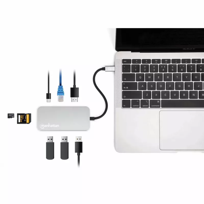 Manhattan USB-C dokstotis / šakotuvas su kortelių skaitytuvu, prievadai (x6): Ethernet, HDMI, USB-A (x3) ir USB-C, su maitinimo tiekimu (100 W) į USB-C prievadą (pastaba: reikalingas papildomas USB-C sieninis įkroviklis ir USB-C laidas), universalus visiems įrenginiams, laidas 15 cm, aliuminis, sidabrinis