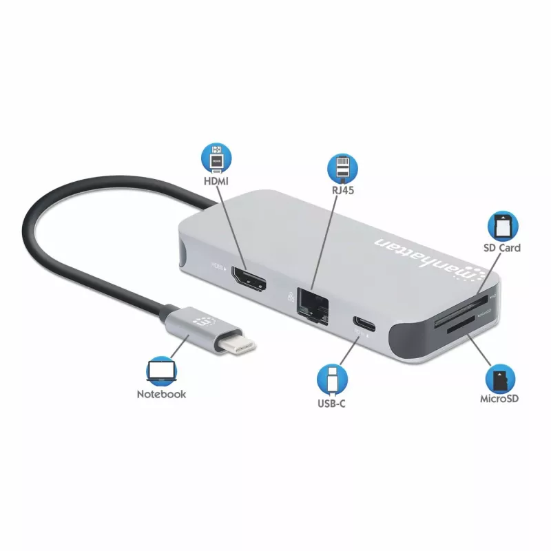 Manhattan USB-C dokstotis / šakotuvas su kortelių skaitytuvu, prievadai (x6): Ethernet, HDMI, USB-A (x3) ir USB-C, su maitinimo tiekimu (100 W) į USB-C prievadą (pastaba: reikalingas papildomas USB-C sieninis įkroviklis ir USB-C laidas), universalus visiems įrenginiams, laidas 15 cm, aliuminis, sidabrinis