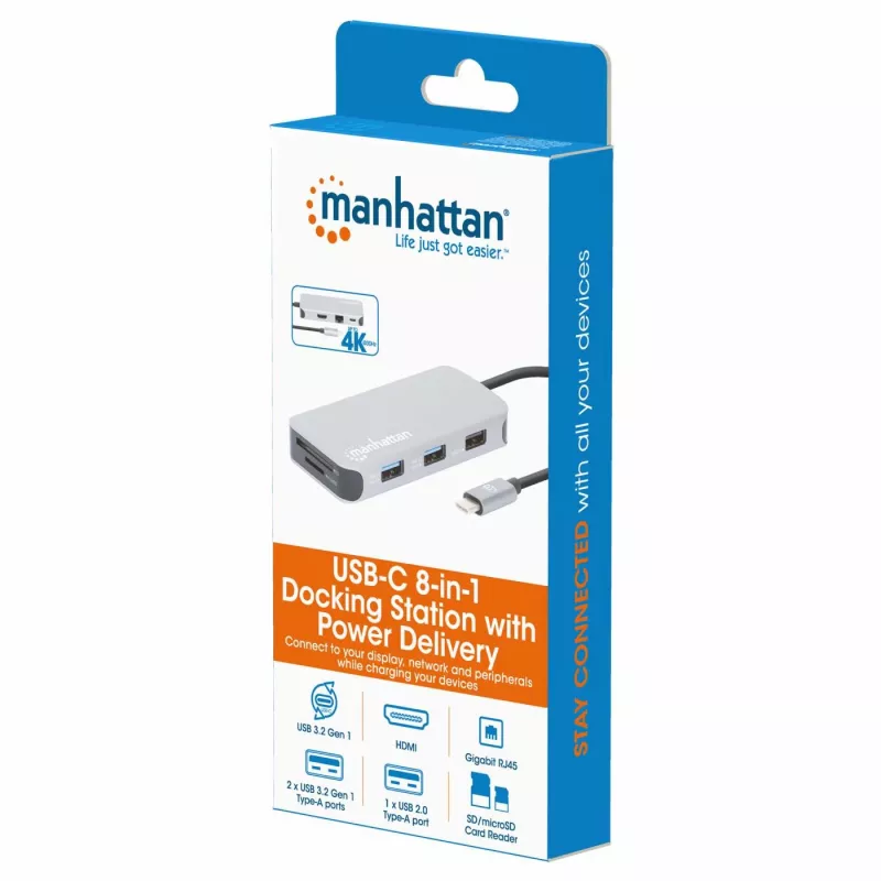Manhattan USB-C dokstotis / šakotuvas su kortelių skaitytuvu, prievadai (x6): Ethernet, HDMI, USB-A (x3) ir USB-C, su maitinimo tiekimu (100 W) į USB-C prievadą (pastaba: reikalingas papildomas USB-C sieninis įkroviklis ir USB-C laidas), universalus visiems įrenginiams, laidas 15 cm, aliuminis, sidabrinis