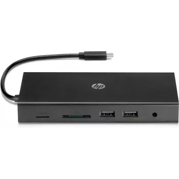 USB-C kelių prievadų centras HP Travel – HP 1C1Y5AA, USB-C pagrindinis, HDMI 2.0, VGA, 1×RJ-45, 2×USB-A 3.2 Gen1, 2×USB 2.0, MicroSD skaitytuvas, juoda