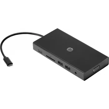USB-C kelių prievadų centras HP Travel – HP 1C1Y5AA, USB-C pagrindinis, HDMI 2.0, VGA, 1×RJ-45, 2×USB-A 3.2 Gen1, 2×USB 2.0, MicroSD skaitytuvas, juoda