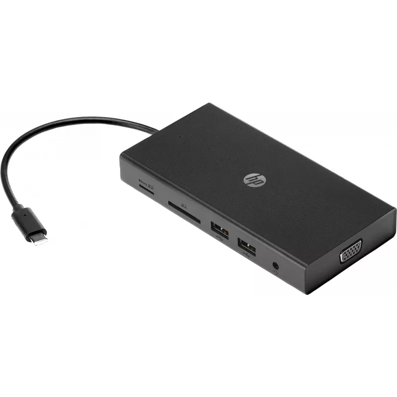 USB-C kelių prievadų centras HP Travel – HP 1C1Y5AA, USB-C pagrindinis, HDMI 2.0, VGA, 1×RJ-45, 2×USB-A 3.2 Gen1, 2×USB 2.0, MicroSD skaitytuvas, juoda