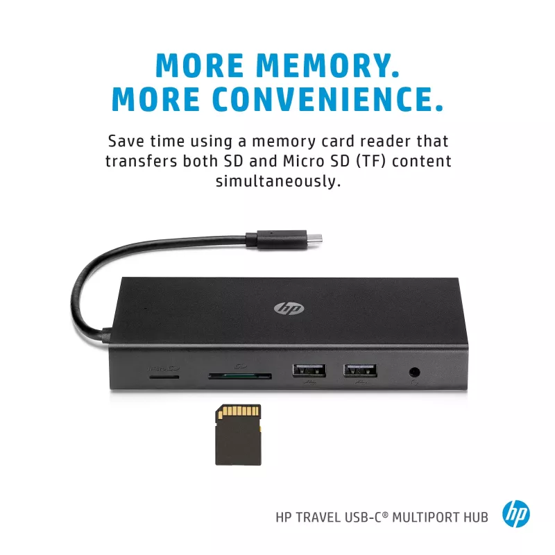 USB-C kelių prievadų centras HP Travel – HP 1C1Y5AA, USB-C pagrindinis, HDMI 2.0, VGA, 1×RJ-45, 2×USB-A 3.2 Gen1, 2×USB 2.0, MicroSD skaitytuvas, juoda