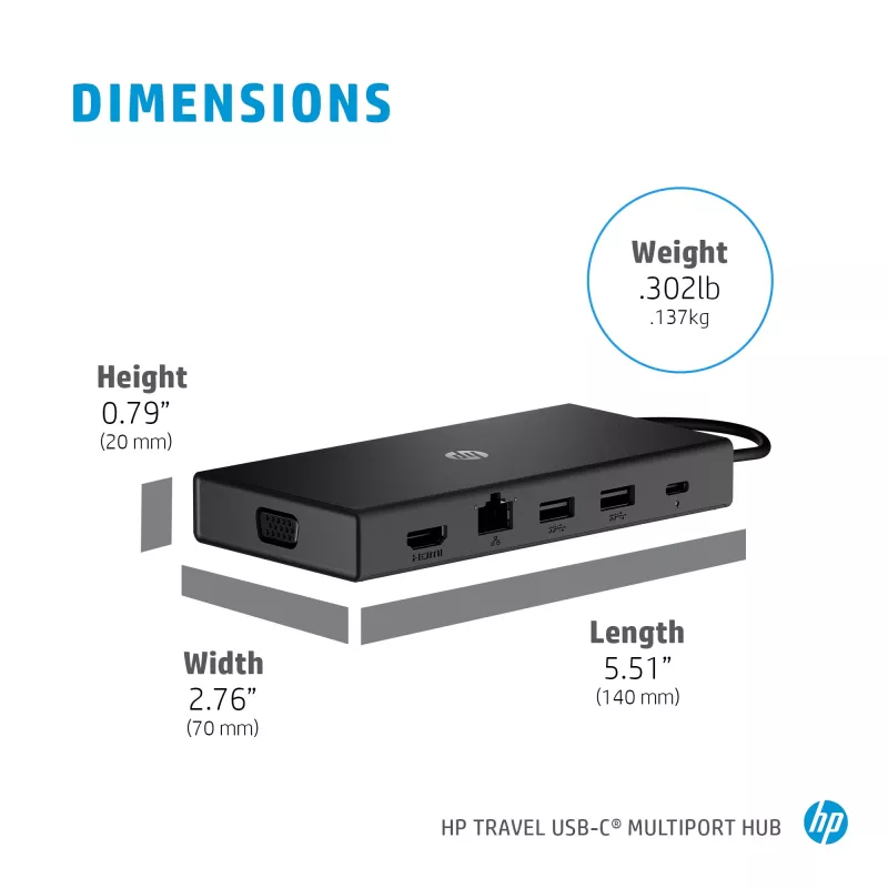 USB-C kelių prievadų centras HP Travel – HP 1C1Y5AA, USB-C pagrindinis, HDMI 2.0, VGA, 1×RJ-45, 2×USB-A 3.2 Gen1, 2×USB 2.0, MicroSD skaitytuvas, juoda