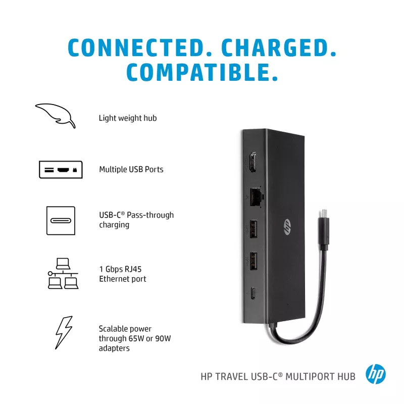 USB-C kelių prievadų centras HP Travel – HP 1C1Y5AA, USB-C pagrindinis, HDMI 2.0, VGA, 1×RJ-45, 2×USB-A 3.2 Gen1, 2×USB 2.0, MicroSD skaitytuvas, juoda