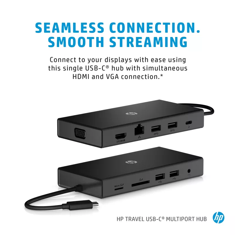 USB-C kelių prievadų centras HP Travel – HP 1C1Y5AA, USB-C pagrindinis, HDMI 2.0, VGA, 1×RJ-45, 2×USB-A 3.2 Gen1, 2×USB 2.0, MicroSD skaitytuvas, juoda