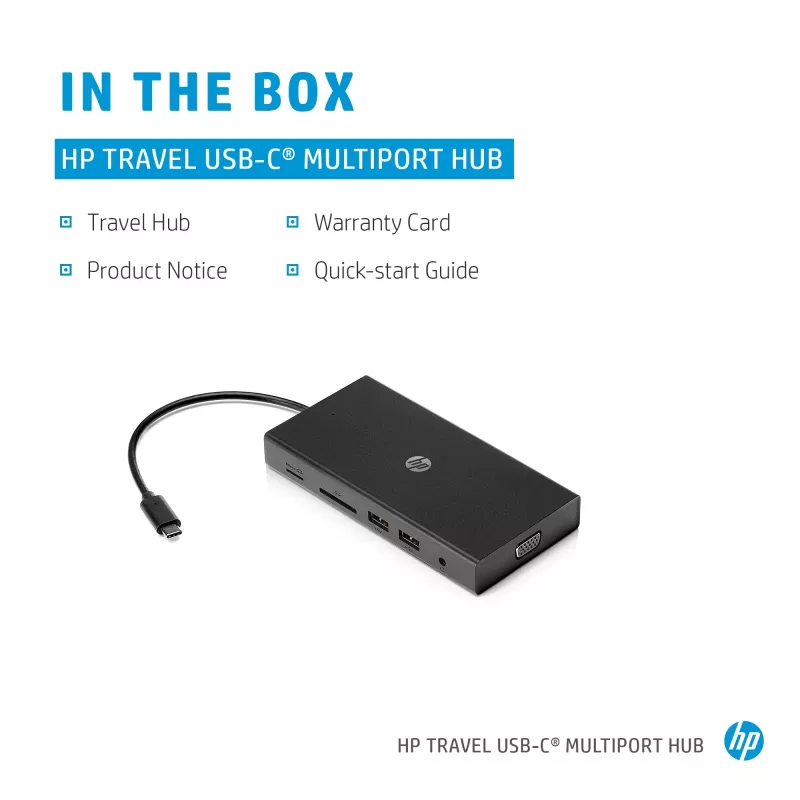 USB-C kelių prievadų centras HP Travel – HP 1C1Y5AA, USB-C pagrindinis, HDMI 2.0, VGA, 1×RJ-45, 2×USB-A 3.2 Gen1, 2×USB 2.0, MicroSD skaitytuvas, juoda