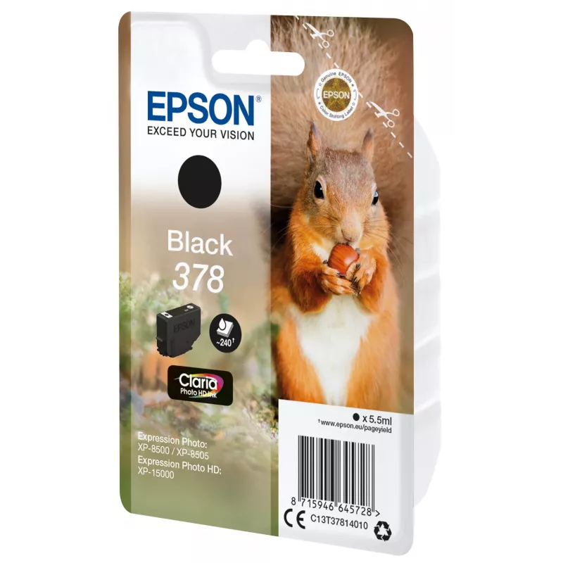 Epson Squirrel Singlepack Black 378 Claria Photo HD rašalas, standartinės išeigos, juodas, pigmentinis rašalas, 5,5 ml, 1 vnt., 240 puslapių