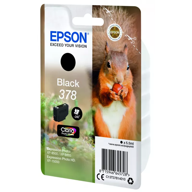Epson Squirrel Singlepack Black 378 Claria Photo HD rašalas, standartinės išeigos, juodas, pigmentinis rašalas, 5,5 ml, 1 vnt., 240 puslapių