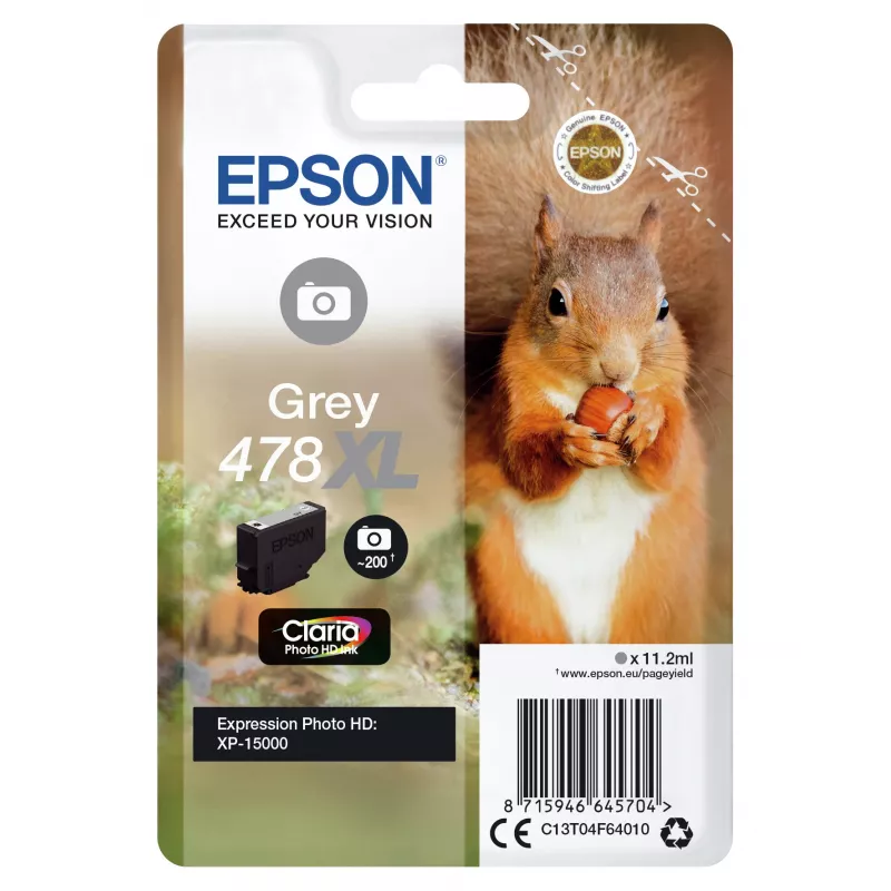 Epson Squirrel Singlepack Grey 478XL Claria Photo HD rašalas, didelės (XL) talpos, pilkas, dažų pagrindu, 11,2 ml, 1 vnt., 200 puslapių